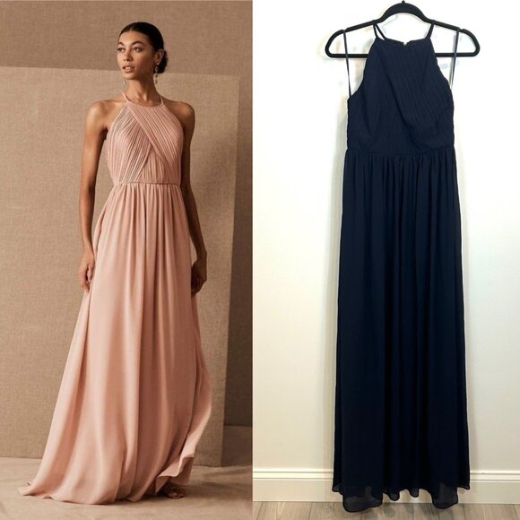 BHLDN Anthropologie US 4 Madrie Maxi Dress Navy Blue Bridesmaid Halter Chiffon